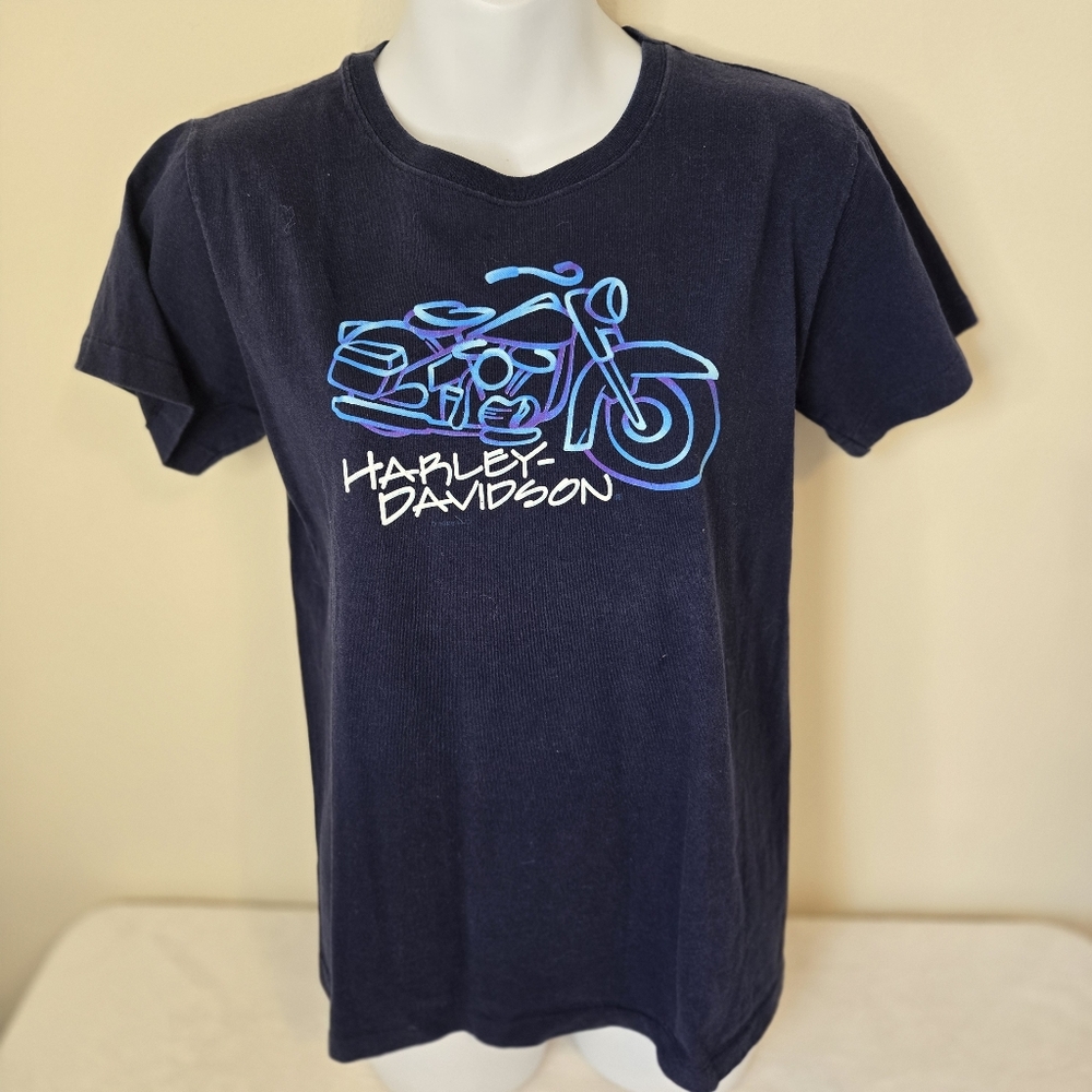 Harley-Davidson Navy Tee with Vibrant Blue Motorcycle Design